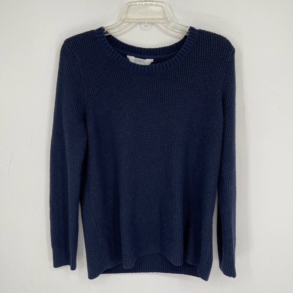 Market & Spruce Women's Navy Blue Waffle Knit Crewneck Pullover Sweater Size M